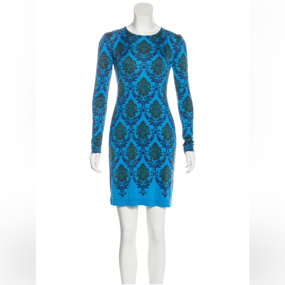 MARY KATRANTZOU Silk Blue Print Long-Sleeve Bodycon Dress - Sz XS